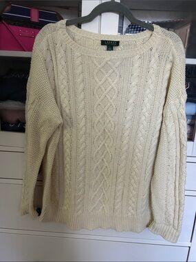 Lauren Ralph Lauren Cream Cable Knit Scoop Neck Sweater